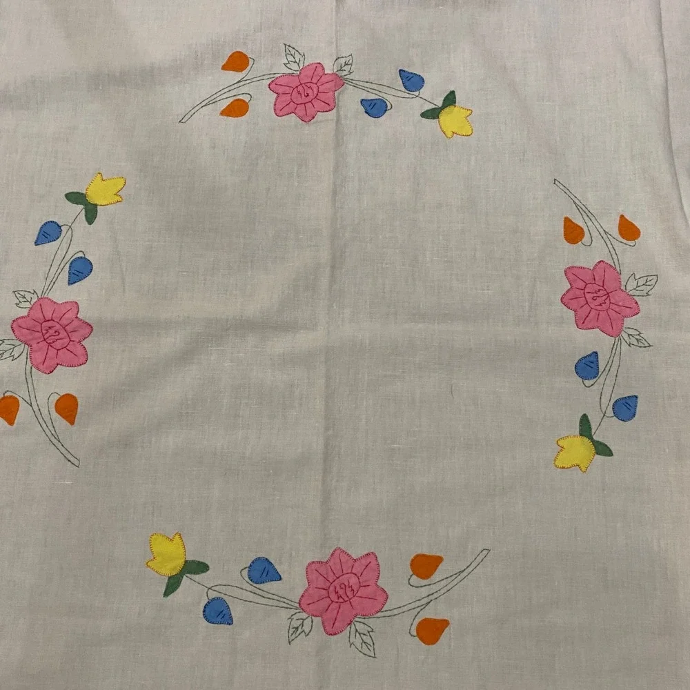 Vintage Hand Stitched Floral Applique Tablecloth and 3 Scalloped Napkins